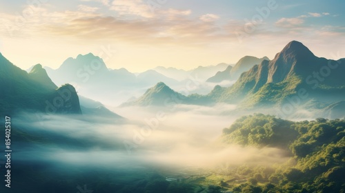 misty tropical mountain range shrouded in pastel-colored clouds, its peaks reaching towards the heavens.