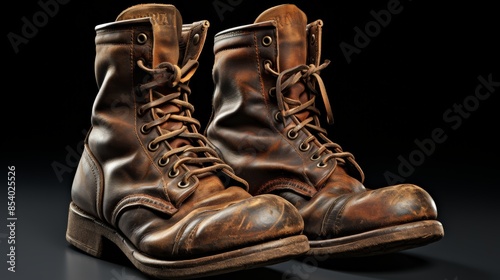 pair of worn leather boots standing side by side, their laces untied and their soles scuffed from years of wear.