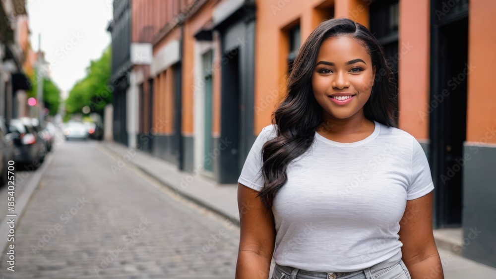 Plus size young black woman wearing white t-shirt and grey jeans standing in a city alley Plus size young black woman wearing white t-shirt and grey jeans standing in a city alley