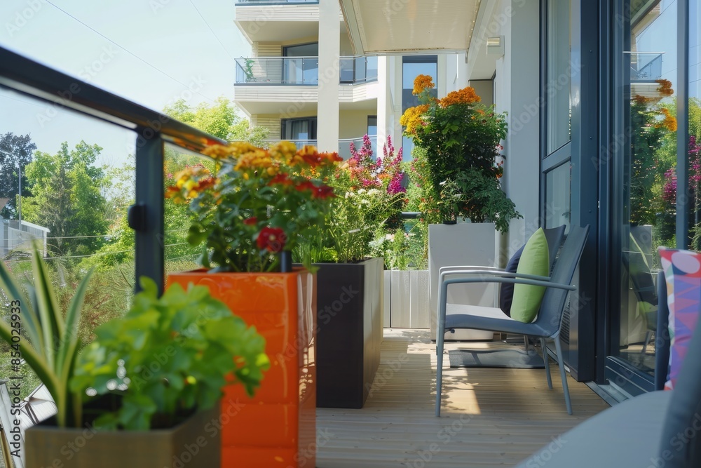 Fototapeta premium Modern apartment balcony with colorful planters and stylish outdoor furniture