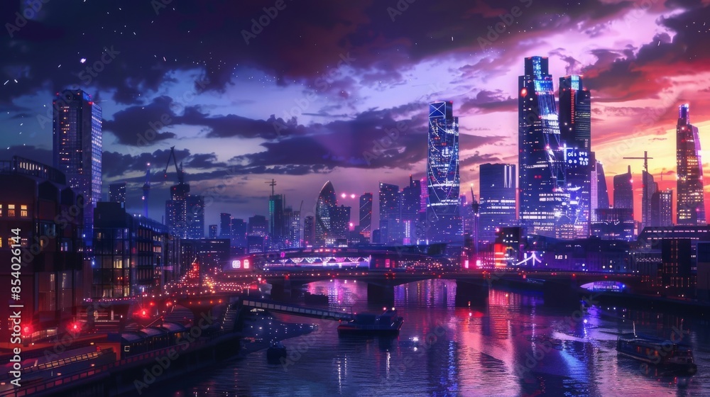 Futuristic cityscape at dusk with glowing skyscrapers and vibrant city lights Futuristic cityscape at dusk with glowing skyscrapers and vibrant city lights