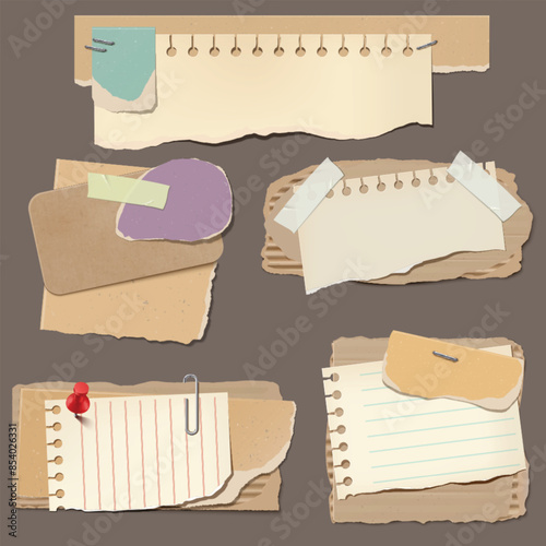 A set of realistic cardboard scraps with textured edges and notebook sheets.