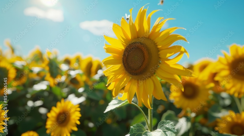 Bright yellow sunflowers under blue sky on a sunny day. Bright yellow sunflowers under blue sky on a sunny day.