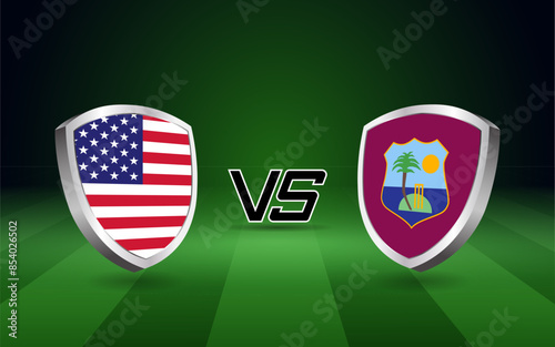 USA vs West indies flag shields on a green field backdrop are icons of their fierce cricket competition