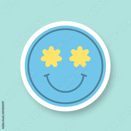 A smiling smiley face with floral eyes on a blue background. A smiley face sticker with a shadow. Cartoon retro style. Vector illustration.