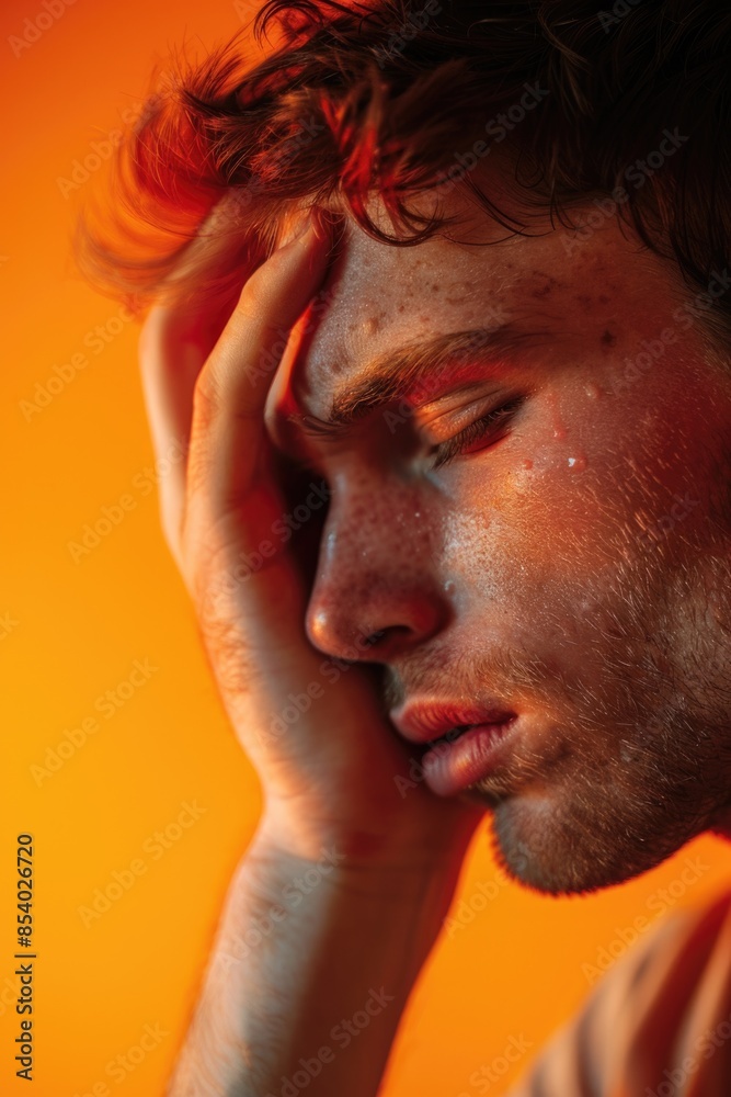 Obraz premium A person sitting or standing with their head in their hands, conveying a sense of frustration, disappointment, or despair