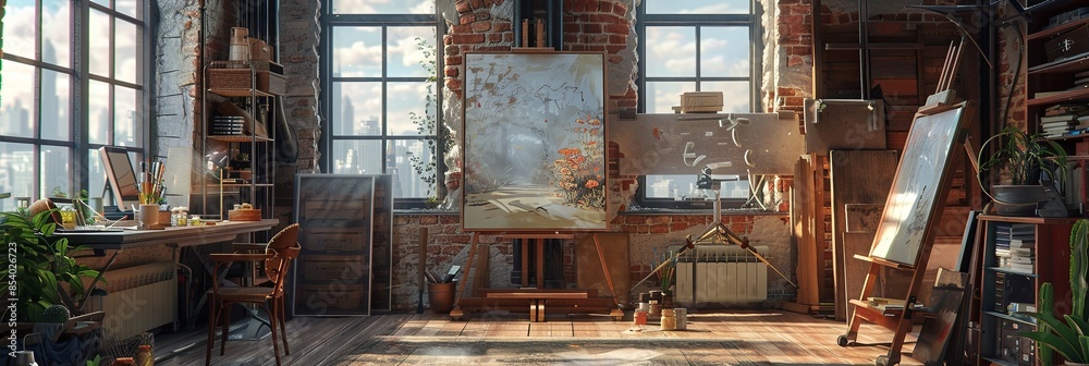 A contemporary artists studio space featuring digital art tools and a creative atmosphere. Generative AI A contemporary artists studio space featuring digital art tools and a creative atmosphere. Generative AI