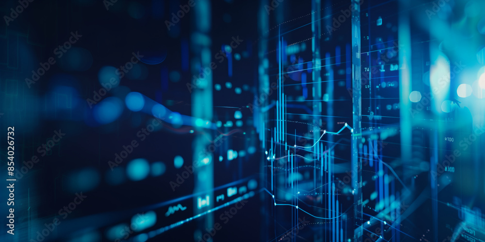 Fototapeta premium data-driven financial concept, with diagrams and financial chart graphs intersecting on a sleek dark blue blurry background, illustrating complex market analytics and investment st