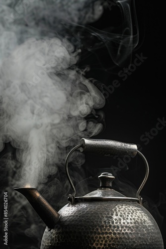 A close-up shot of a kettle with steam rising from the spout, perfect for use in recipes or kitchen scenes