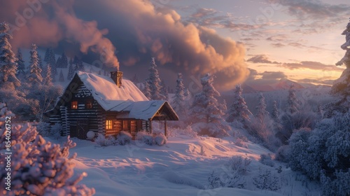 Cozy cabin in winter snow with smoke from chimney and serene sunset in background, surrounded by frosty trees.