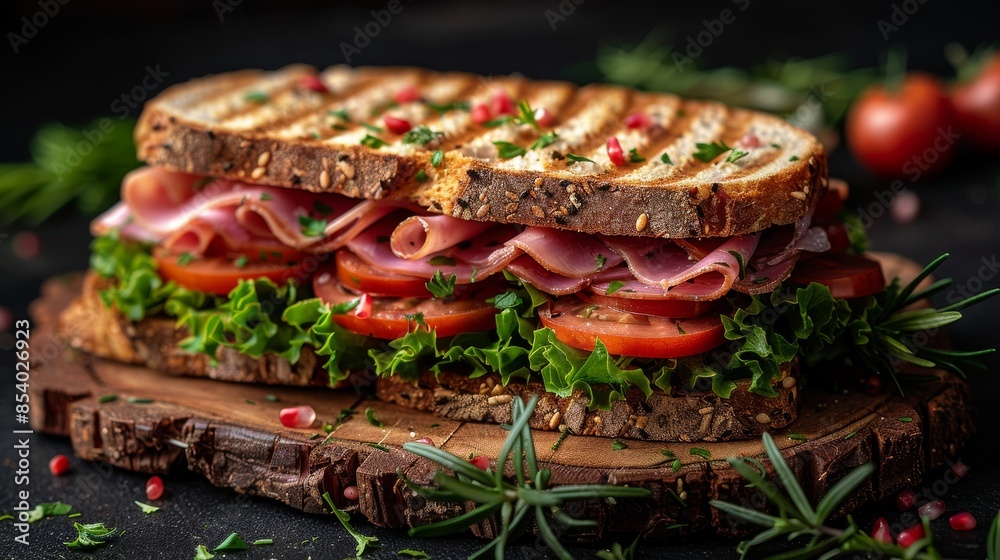 Delicious sandwich with ham, tomato, lettuce, and toasted bread adorned with spices and herbs Delicious sandwich with ham, tomato, lettuce, and toasted bread adorned with spices and herbs