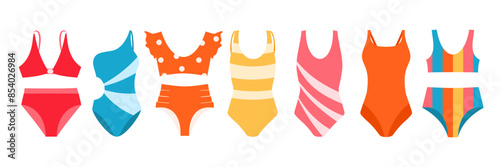 Set of colorful Swimsuits on white background. Female swimwear of Different designs in cartoon flat style. Vector Collection of elements for design, stickers, scrapbooking. 