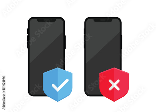 Smartphone security represented by shield icons with accept and decline signs. Technology and security issues. Vector Illustration. 