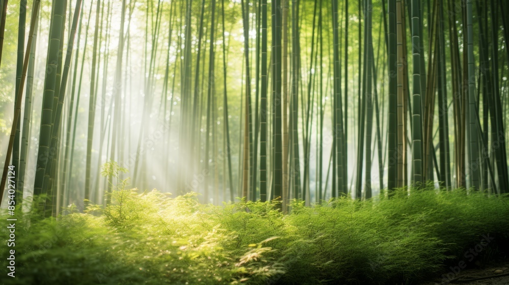 Photograph of a serene Japanese bamboo forest bathed in soft morning sunlight.