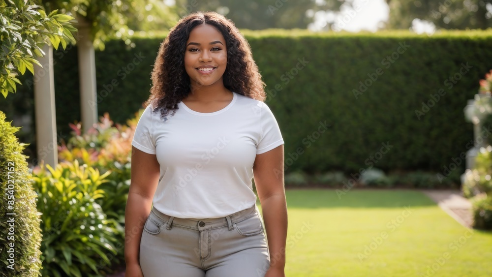 Naklejka premium Plus size young black woman wearing white t-shirt and grey jeans standing in the garden