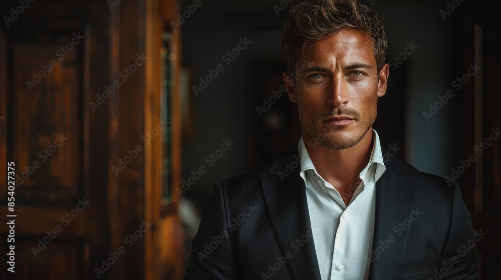 A dashing man with chiseled features, light eyes, in a tailored suit, exuding confidence and sophistication A dashing man with chiseled features, light eyes, in a tailored suit, exuding confidence and sophistication