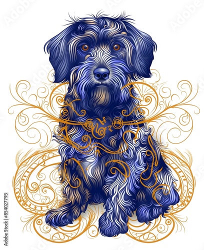 Dog outlined in classic floral pattern, T-shirt graphic, blue and gold tones, vibrant photo