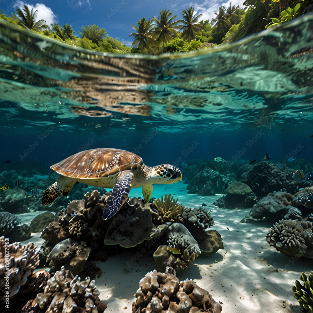 Fototapeta premium A turtle swims in sea clear water on the background of coral underwater reefs