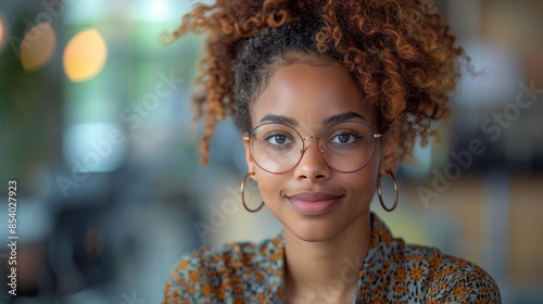 Portrait of a young woman with curly hair and glasses, displaying a soft and approachable expression in a warm indoor atmosphere
