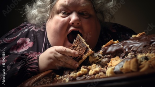 Obese person eating fast food. Happy smiling, crazy overweight person makes a joke for fun eating huge hamburger on the fork. Food is the main thing in life. photo