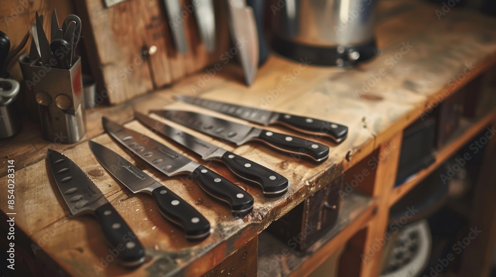 A collection of knives displayed on a wood grain table, ideal for use in editorial or commercial photography A collection of knives displayed on a wood grain table, ideal for use in editorial or commercial photography