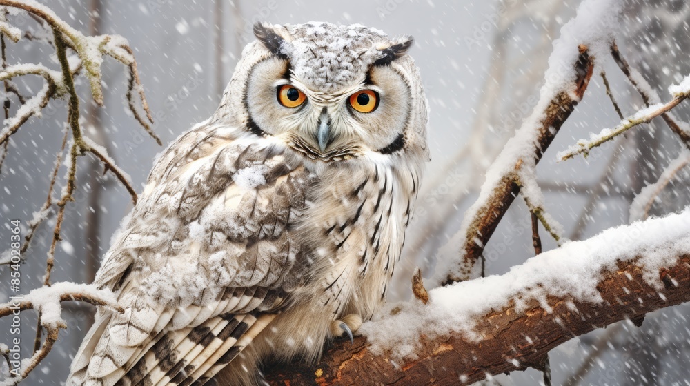 snow-covered owl perched on a snow-laden branch, its piercing eyes gazing out at the winter landscape. snow-covered owl perched on a snow-laden branch, its piercing eyes gazing out at the winter landscape.