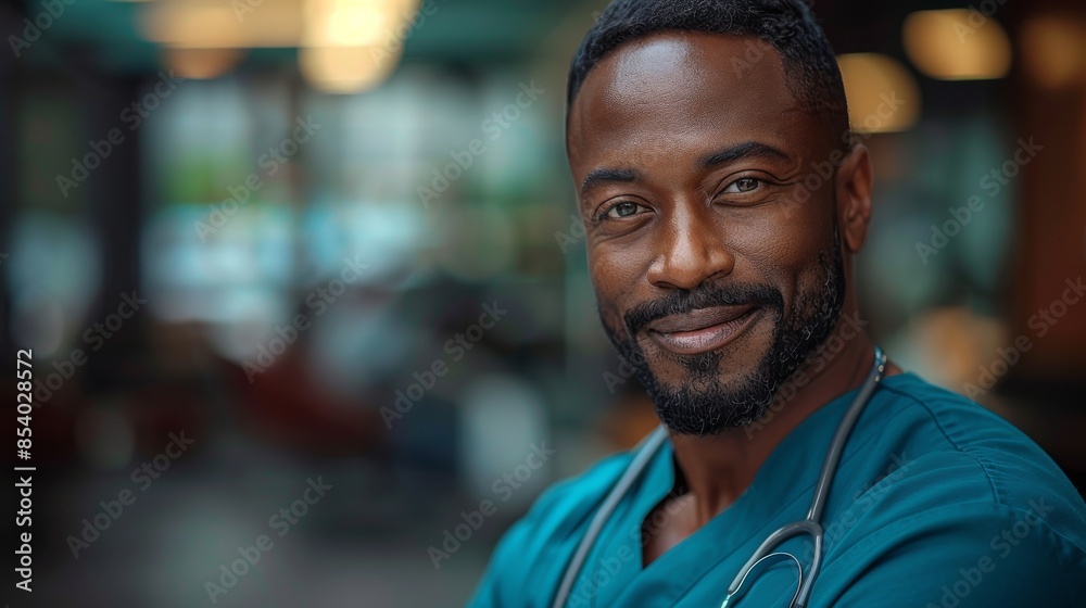 A smiling male nurse with facial hair in teal scrubs at work A smiling male nurse with facial hair in teal scrubs at work