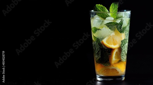 Citrus and mint mojito cocktail with lemon served in a glass on black background