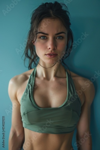 A woman poses in front of the camera wearing a green top