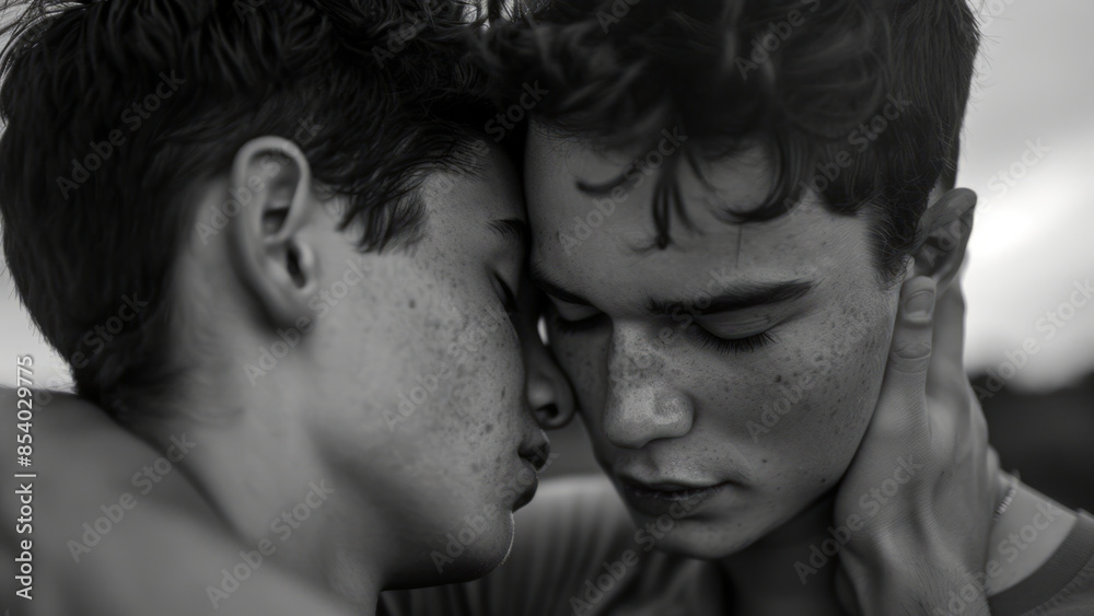 A tender moment between two young men, their faces gently touching in a display of affection and connection.
A tender moment between two young men, their faces gently touching in a display of affection and connection.