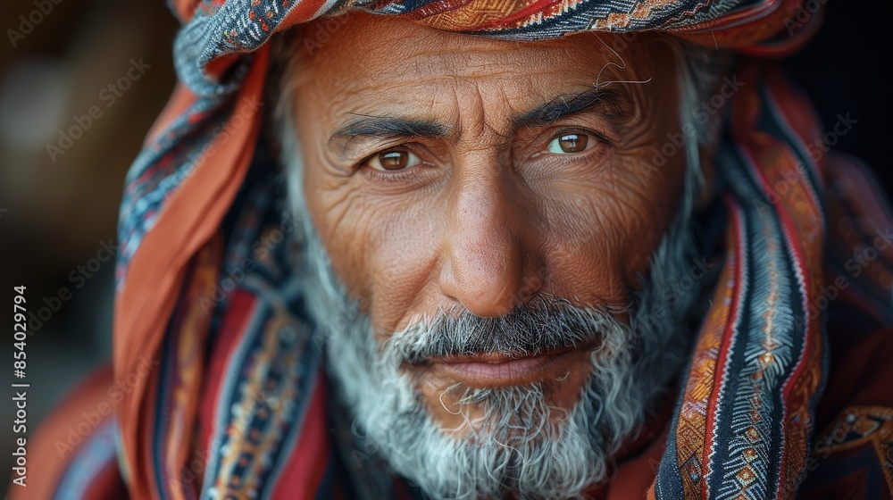 Elderly gentleman with a dignified expression wears a traditional vibrant turban Elderly gentleman with a dignified expression wears a traditional vibrant turban