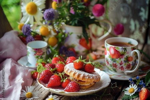Fresh strawberries and a warm cup of tea set out on a table, perfect for a cozy moment