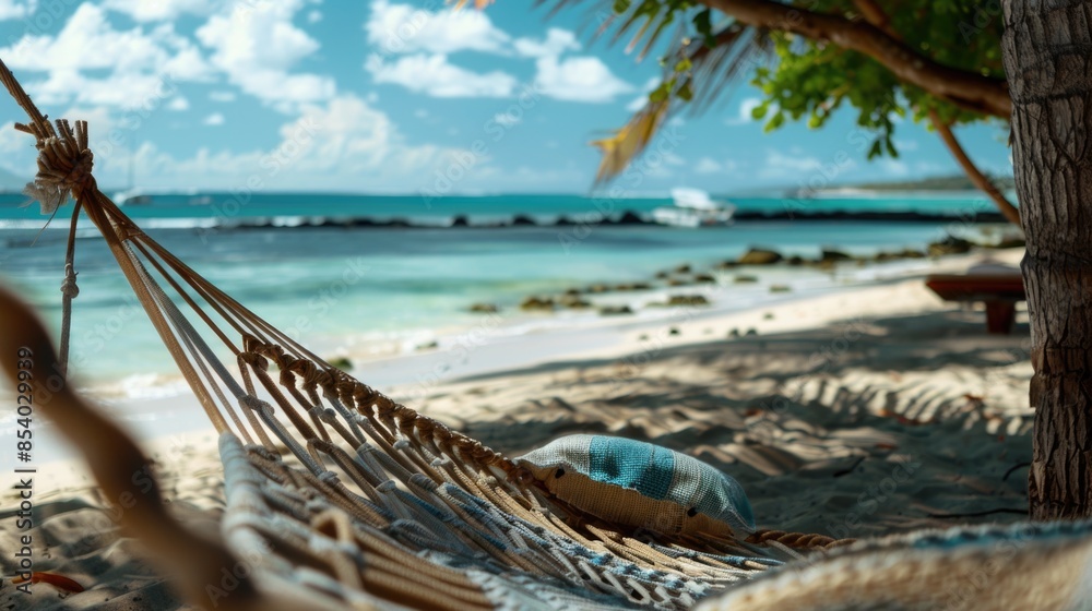 Obraz premium A person relaxing on a beach with a hammock, overlooking the ocean