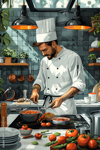 Illustration, chef in a restaurant kitchen.