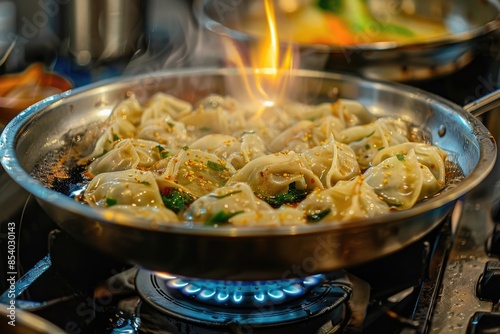 A frying pan filled with food on top of a stove, ready for cooking