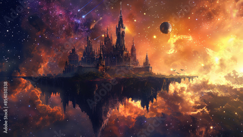 A magnificent floating castle suspended in a surreal, star-filled sky, surrounded by clouds and cosmic elements, creating an enchanting and dreamlike scene. 