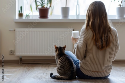 Young woman wearing a sweater freezing for winter cold with her cat. Girl is sitting over electric heater, drinking hot coffee or tea, warming up hands. Discomfort spending time at home. Coldly, chill