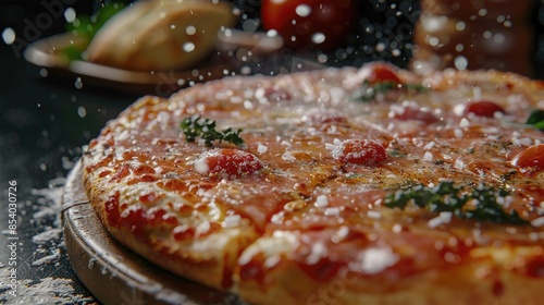 A delicious-looking pizza topped with juicy tomatoes, melted cheese, and fresh basil leaves