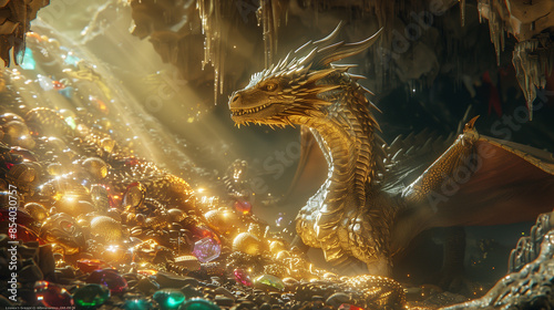 majestic dragon perched on a treasure hoard with radiant gemstones and golden artifacts, fantasy cave scene