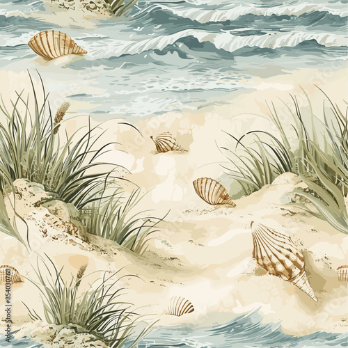 A seamless pattern of a coastal landscape featuring sandy beaches, gentle ocean waves, seashells, and beach grass. The illustration captures the serene beauty of a seaside setting with soft, natural c