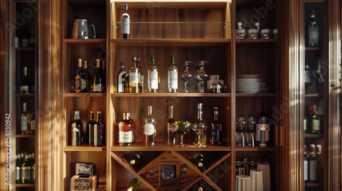 Wallpaper Mural A wooden shelf stocked with various glassware and bottles Torontodigital.ca