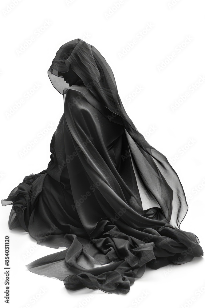 A woman wearing a black dress and a veil, standing in a simple background