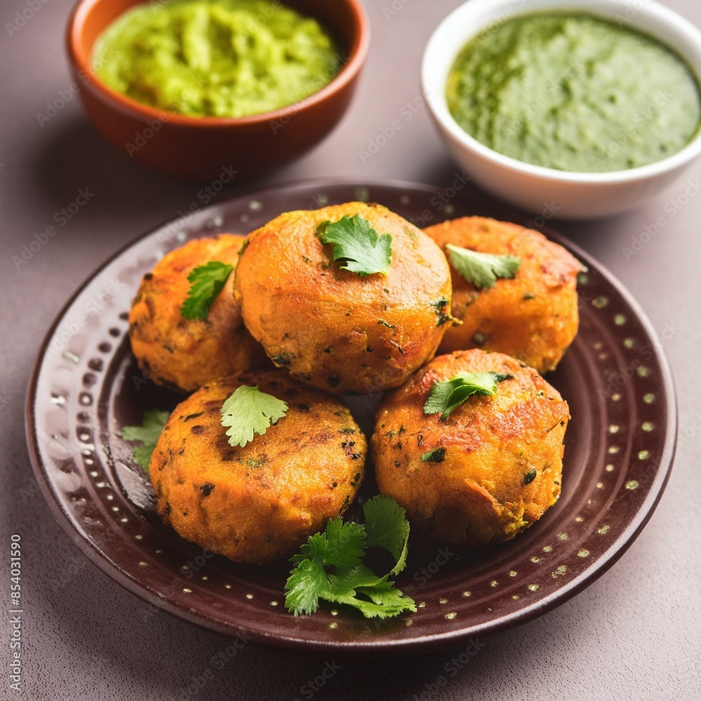 Indian street food aloo tikki also called tiki, potato patties, patty or potato cutlet serve with green chutney Indian street food aloo tikki also called tiki, potato patties, patty or potato cutlet serve with green chutney