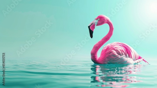 Pink flamingo standing in calm, turquoise water with clear sky background photo