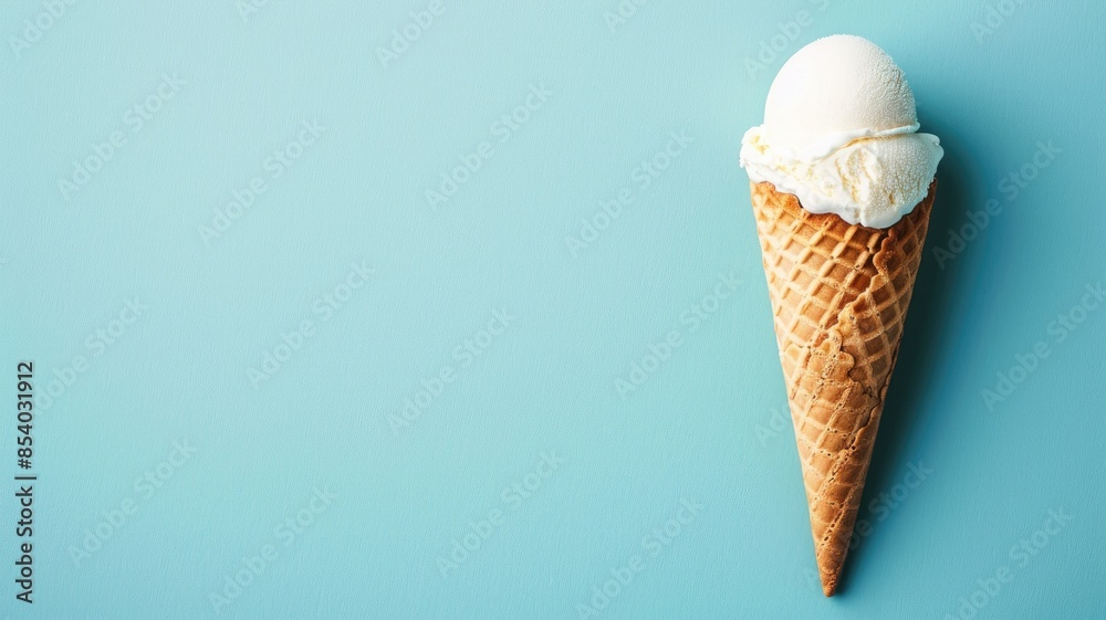 Single scoop of vanilla ice cream in waffle cone against blue background Single scoop of vanilla ice cream in waffle cone against blue background
