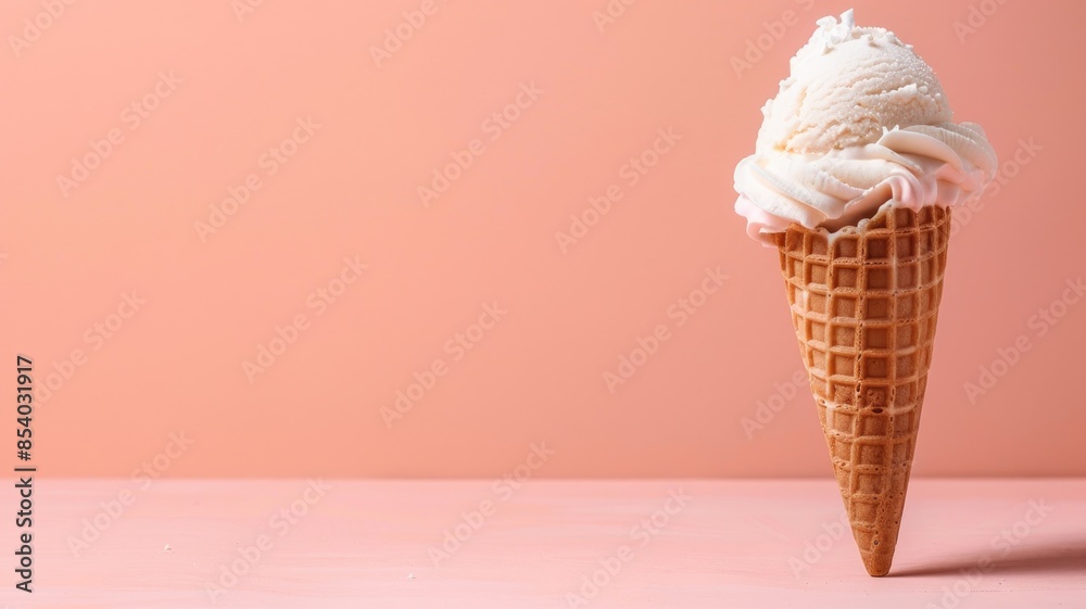 Vanilla ice cream cone against soft pink background Vanilla ice cream cone against soft pink background