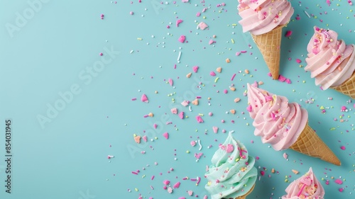 Ice cream cones with colorful sprinkles on blue surface