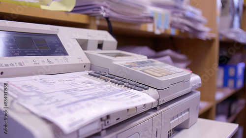 Fax machine prints in a cluttered office, adding chaos to the busy workplace. Employees feel pressure and stress in the messy corporate environment