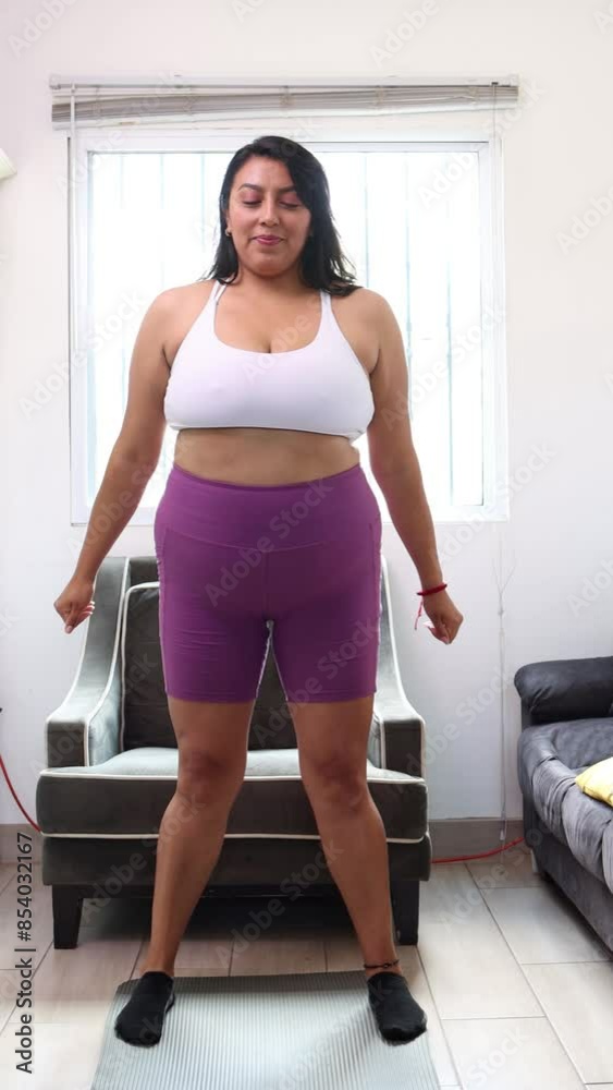 plus size latina woman training at home doing squats. Mexican woman with sports clothing