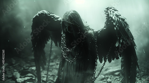 fallen angel in chains with dark wings, desolate and somber scene with ethereal greenish light, gothic fantasy art